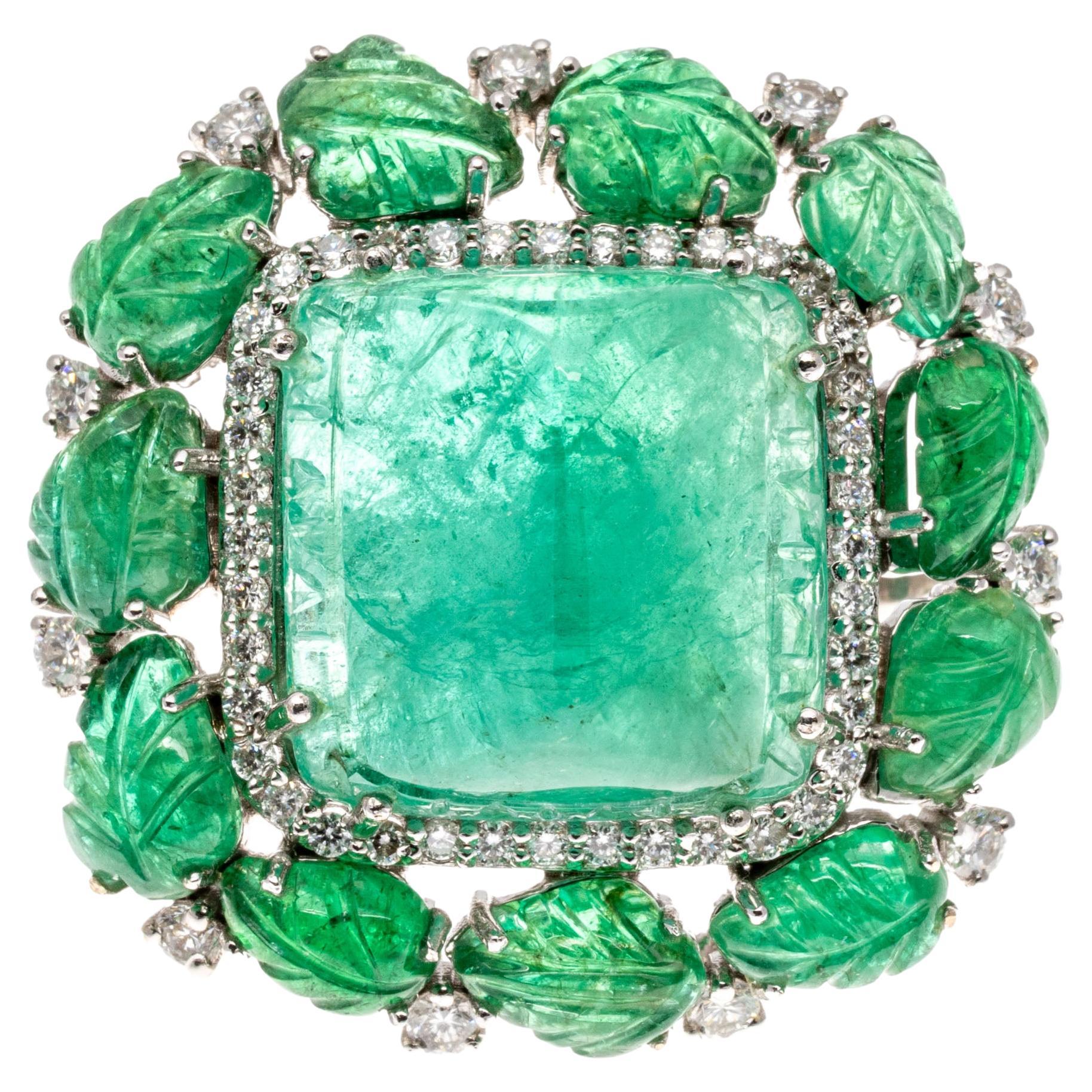 18k Glamorous Sugarloaf and Carved Emerald And Diamond Ring For Sale