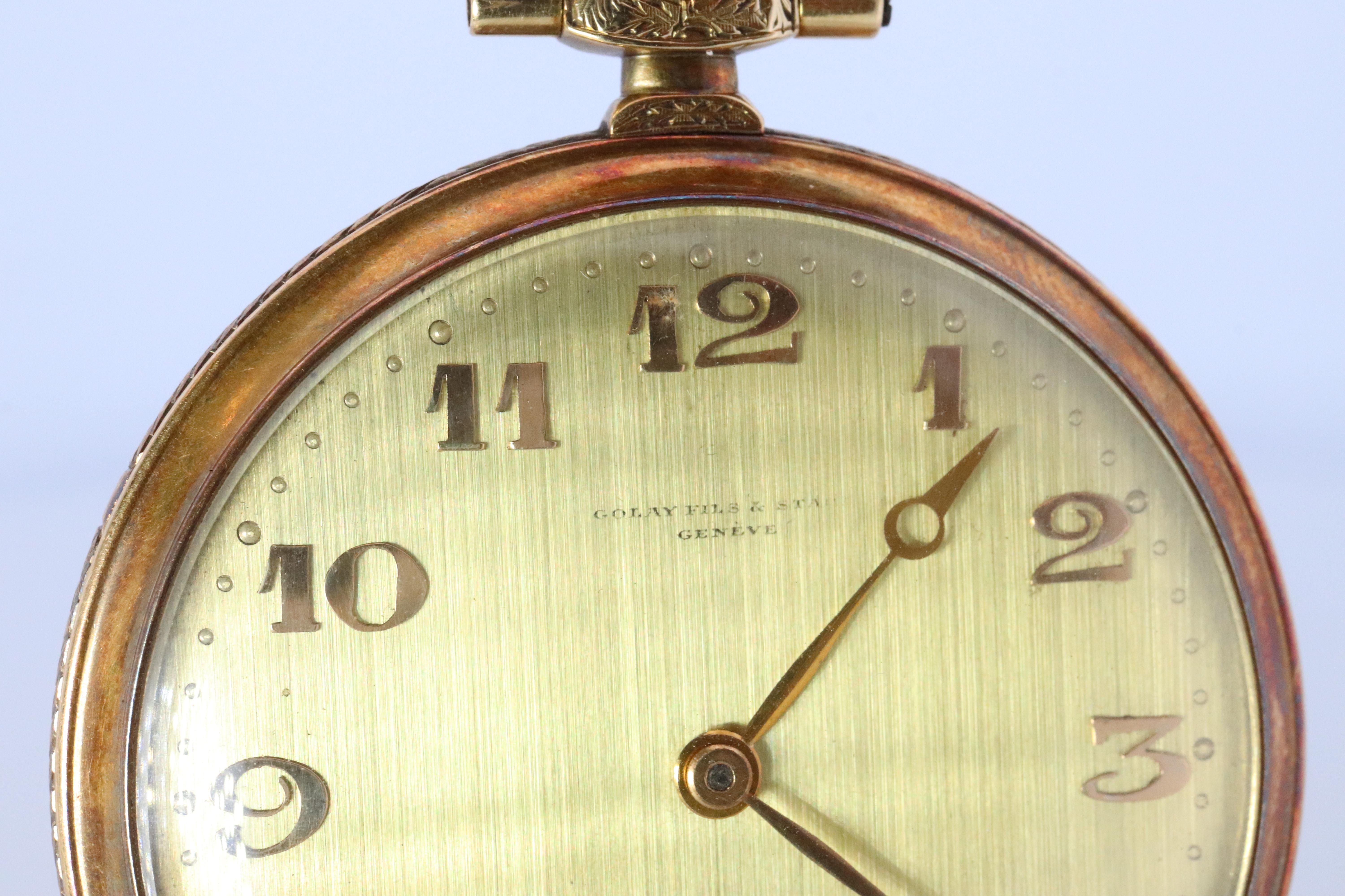 Antique Golay Fils & Stahl Pocket Watch.

Extremely RARE. 

18k Yellow gold Case
43mm Round Case.

Ornate Wheat Engraving on the Case. Just a wonderful peace. Enamel details on the back cover.
Please refer to pictures to see the