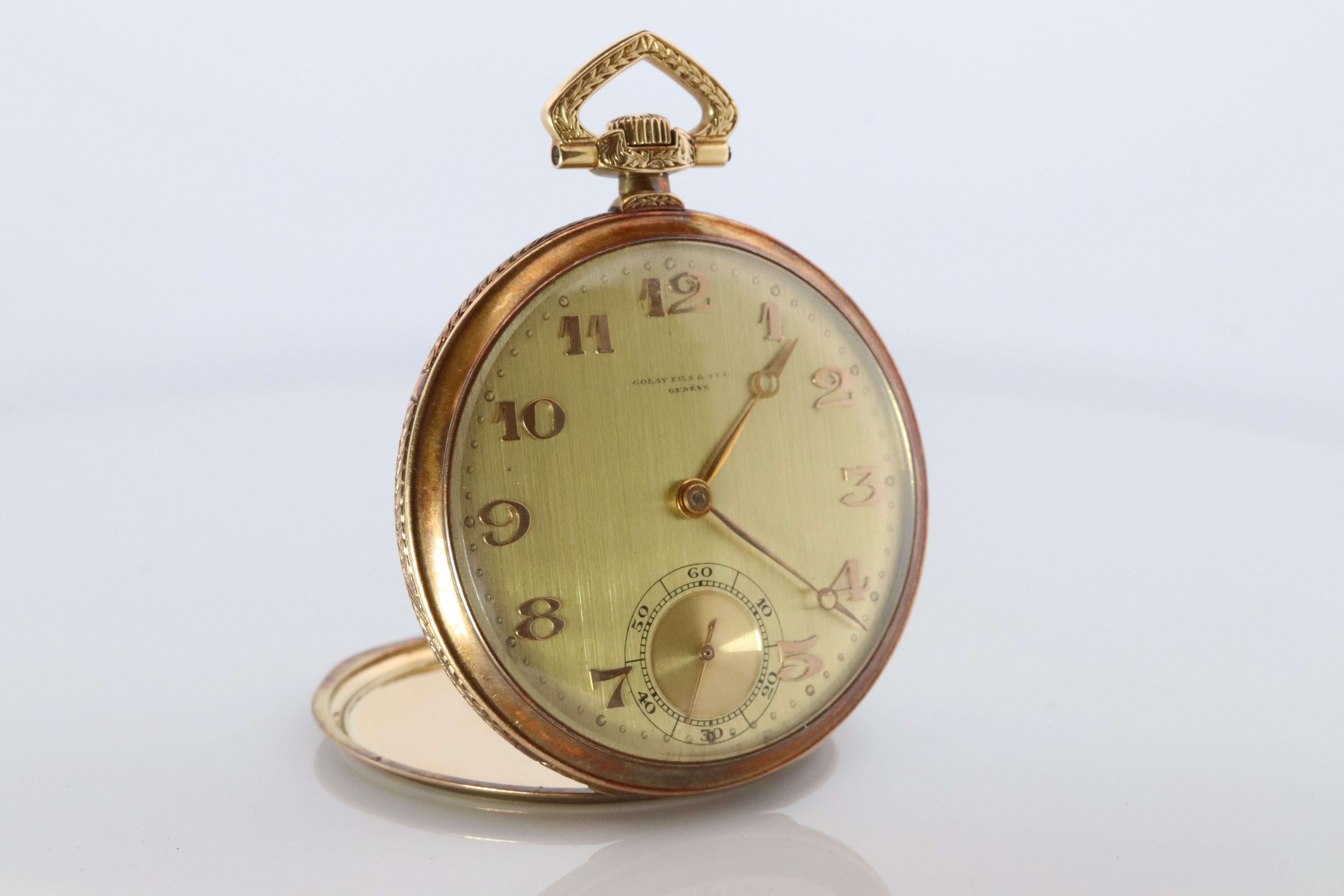 18k Golay Fils & Stahl Pocket Watch. Antique 750 YG Golay Ornate 43mm In Good Condition For Sale In Port Charlotte, FL