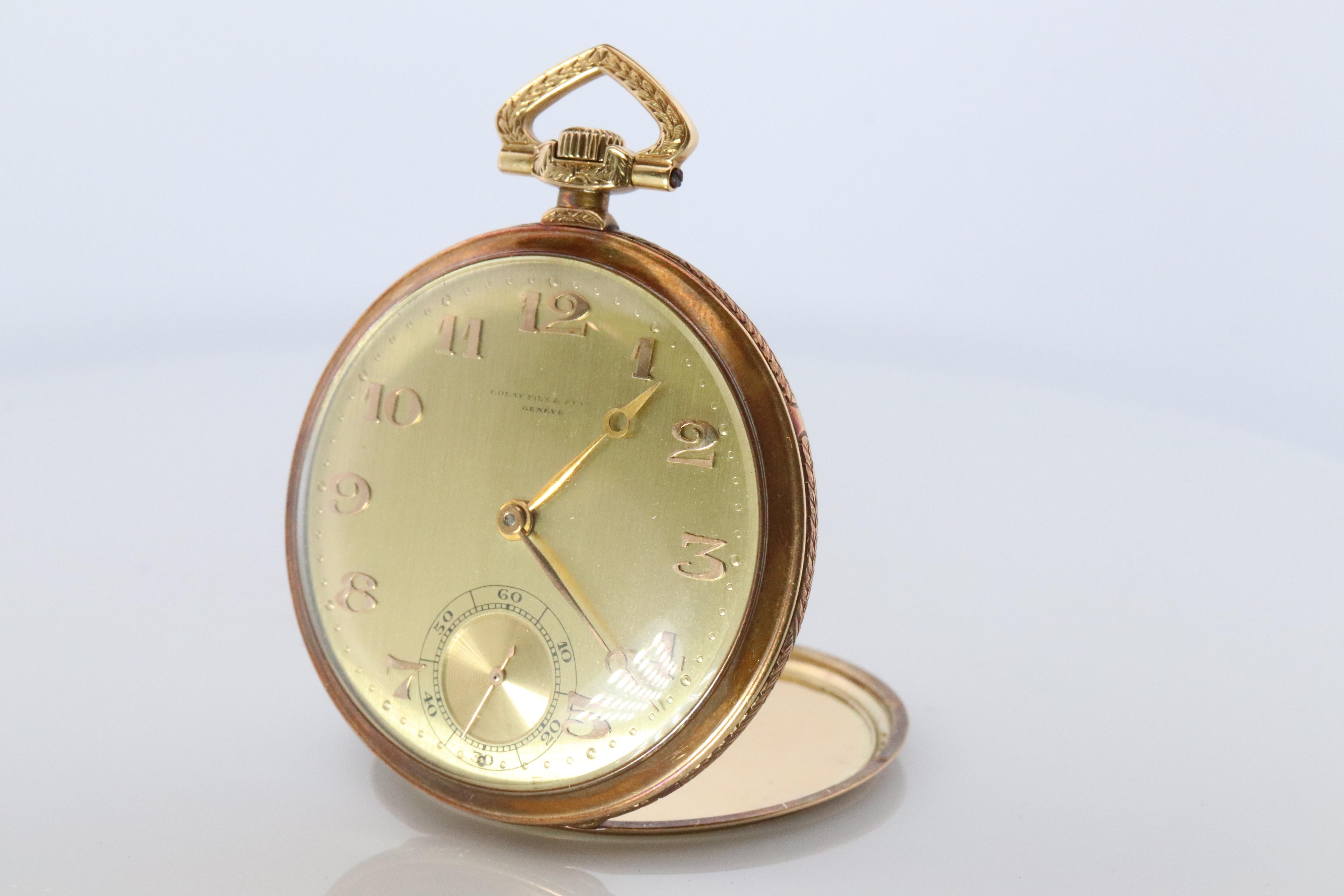 Men's 18k Golay Fils & Stahl Pocket Watch. Antique 750 YG Golay Ornate 43mm For Sale