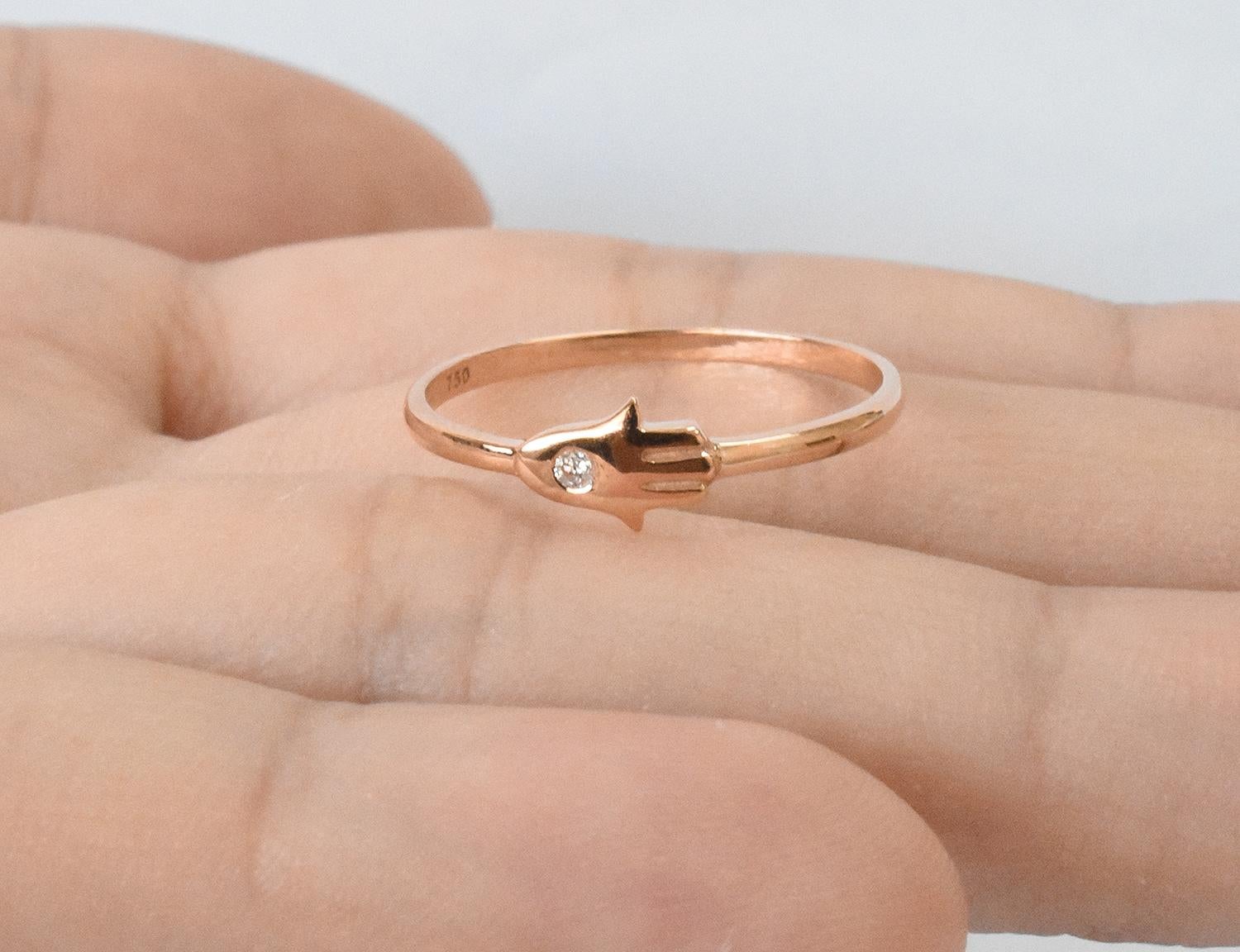 For Sale:  18k Gold 0.02 Carat Diamond Hamsa hand Ring  8