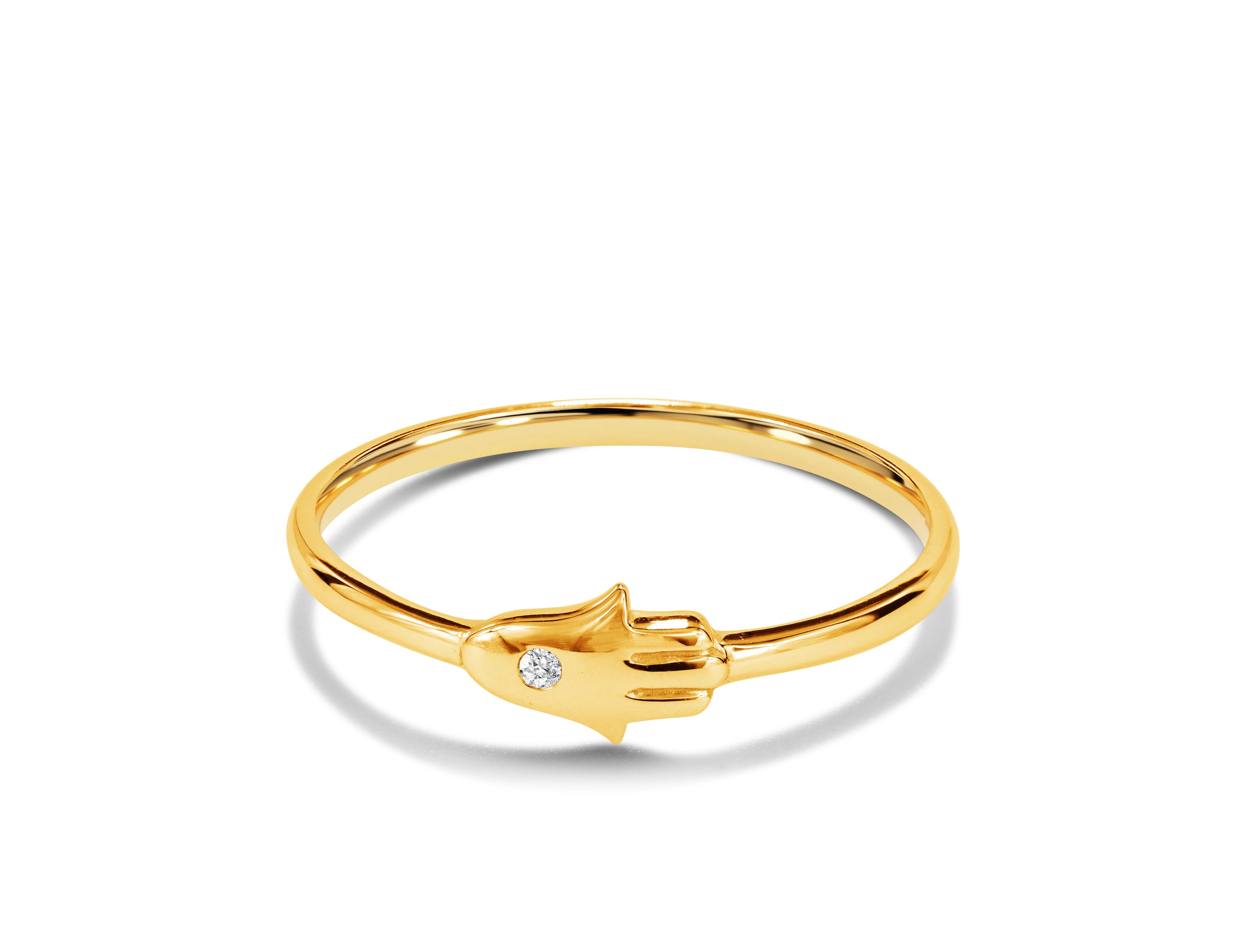 For Sale:  18k Gold 0.02 Carat Diamond Hamsa hand Ring
