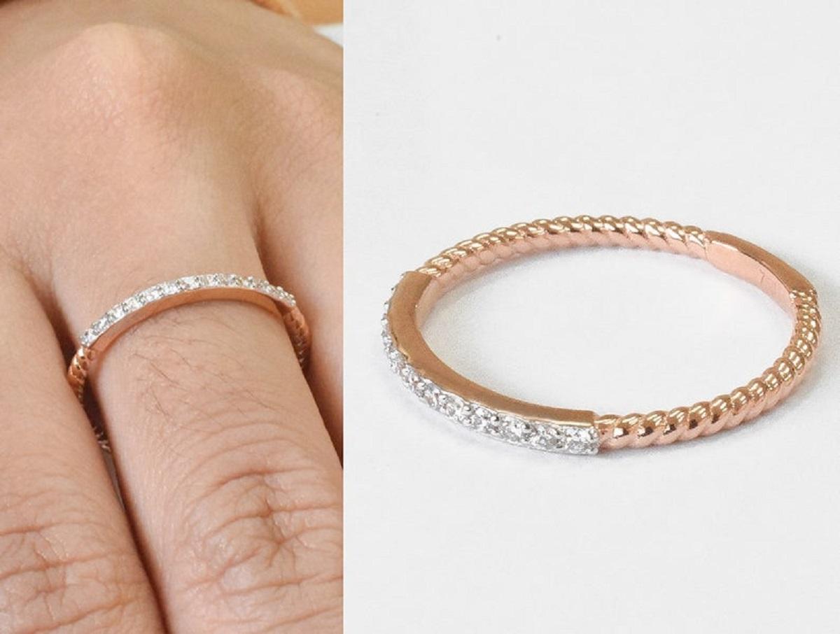 For Sale:  18k Gold Micro Pave Stacking Ring Thin Dainty Diamond Ring 7