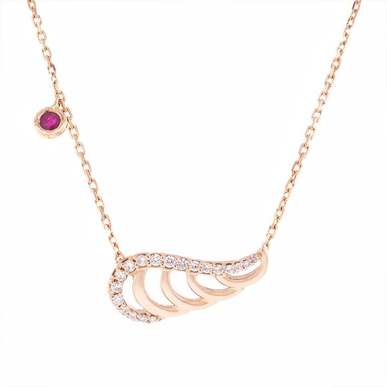 18K Gold & 0.20 cts White Diamonds 0.11 cts Ruby Swan Chain Necklace by Alessa