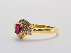 18K Gold 0.30ct Oval Vivid Red Ruby & 0.28ct Diamond Vintage Fine Ring