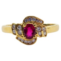 Anillo fino vintage de oro de 18 quilates con rubí rojo vivo ovalado de 0,30 quilates y diamante de 0,28 quilates