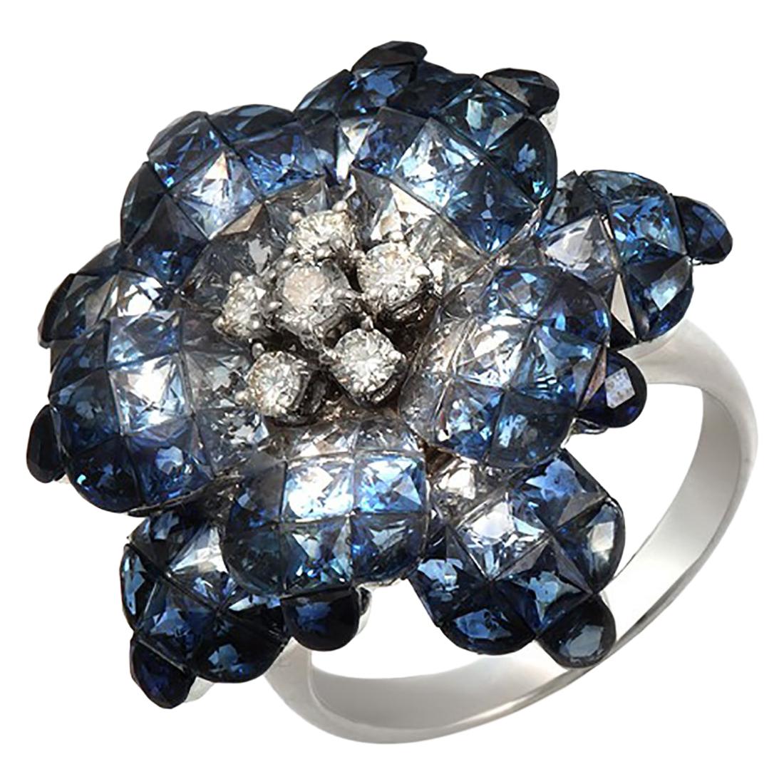 18k Gold 0.37 Ct Diamonds & Invisible 13.90 Ct Blue Sapphire Flower Ring