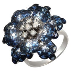 18 Karat Gold 0,37 Karat Diamanten & unsichtbarer 13,90 Karat blauer Saphir Blumenring