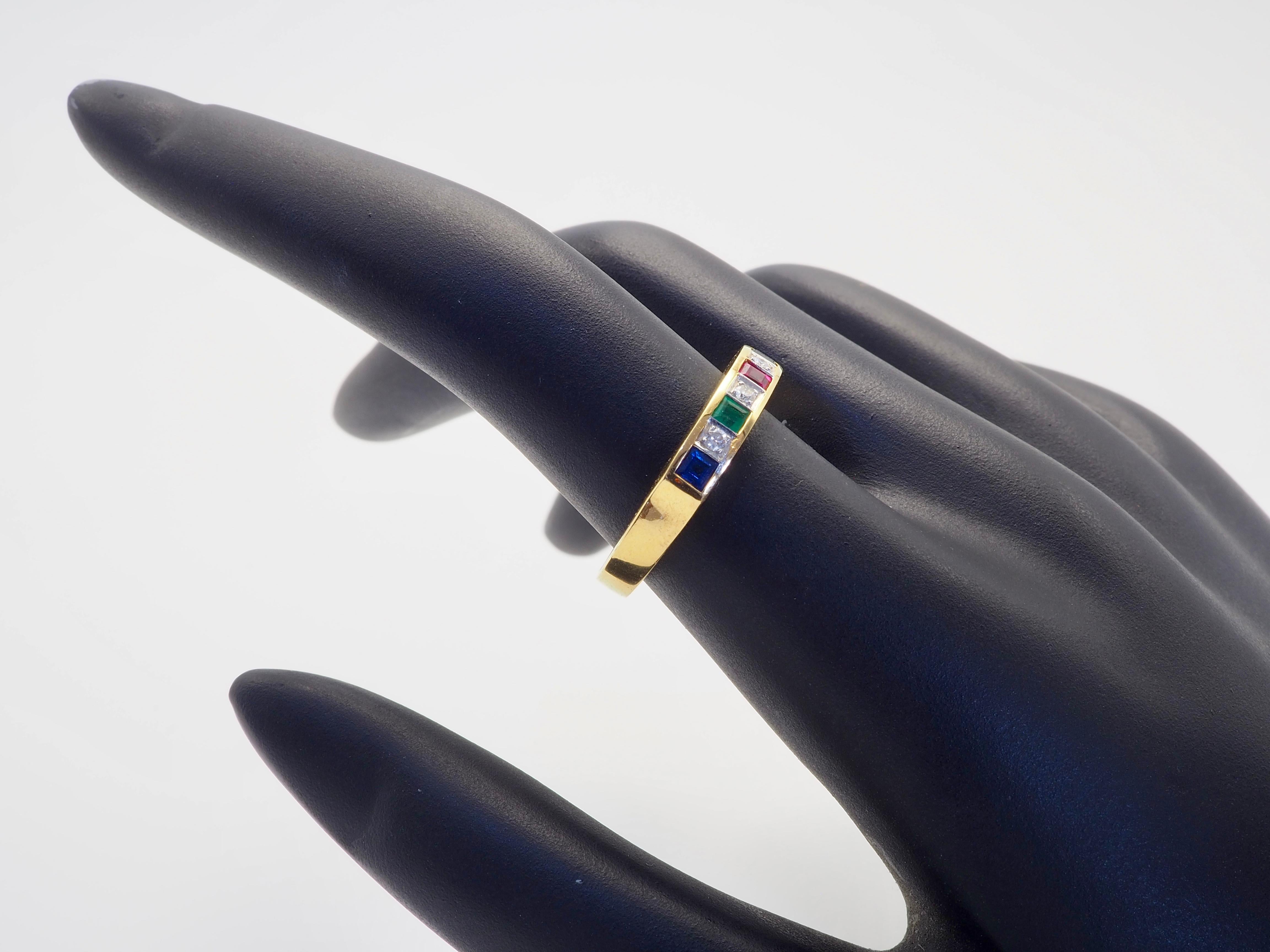 18K Gold 0.50ct Quadratische Muti-Steine & 0.06ct Diamant Feiner Vintage Band Ring im Angebot 2