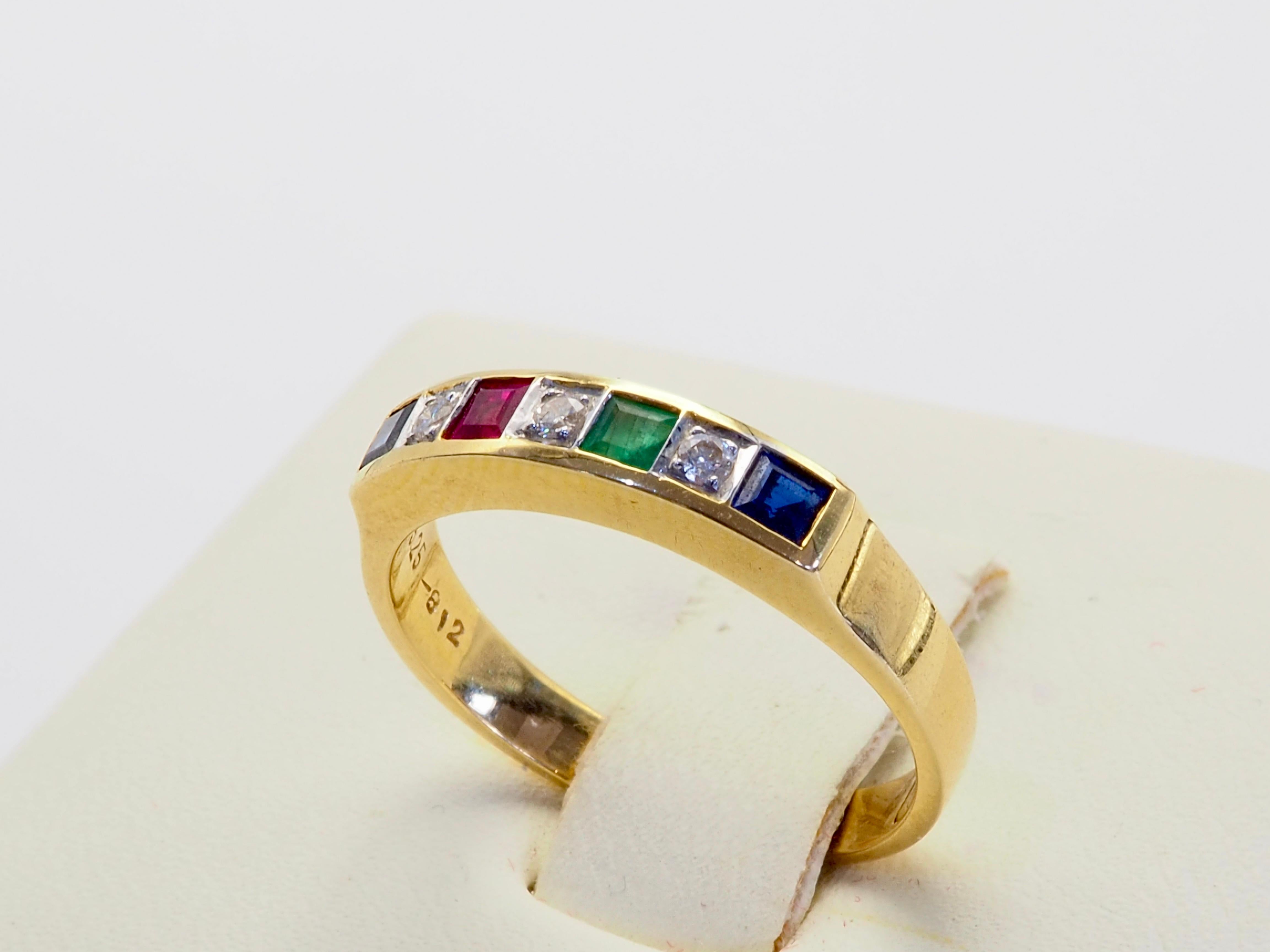 18K Gold 0.50ct Quadratische Muti-Steine & 0.06ct Diamant Feiner Vintage Band Ring im Angebot 3