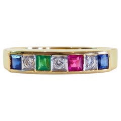 18K Gold 0.50ct Squared Muti- Stones & 0.06ct Diamond Fine Vintage Band Ring