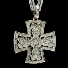 18k Gold 0.50ctw Diamond Maltese Cross Enhancer Pendant w/ Hearts & Greek Key