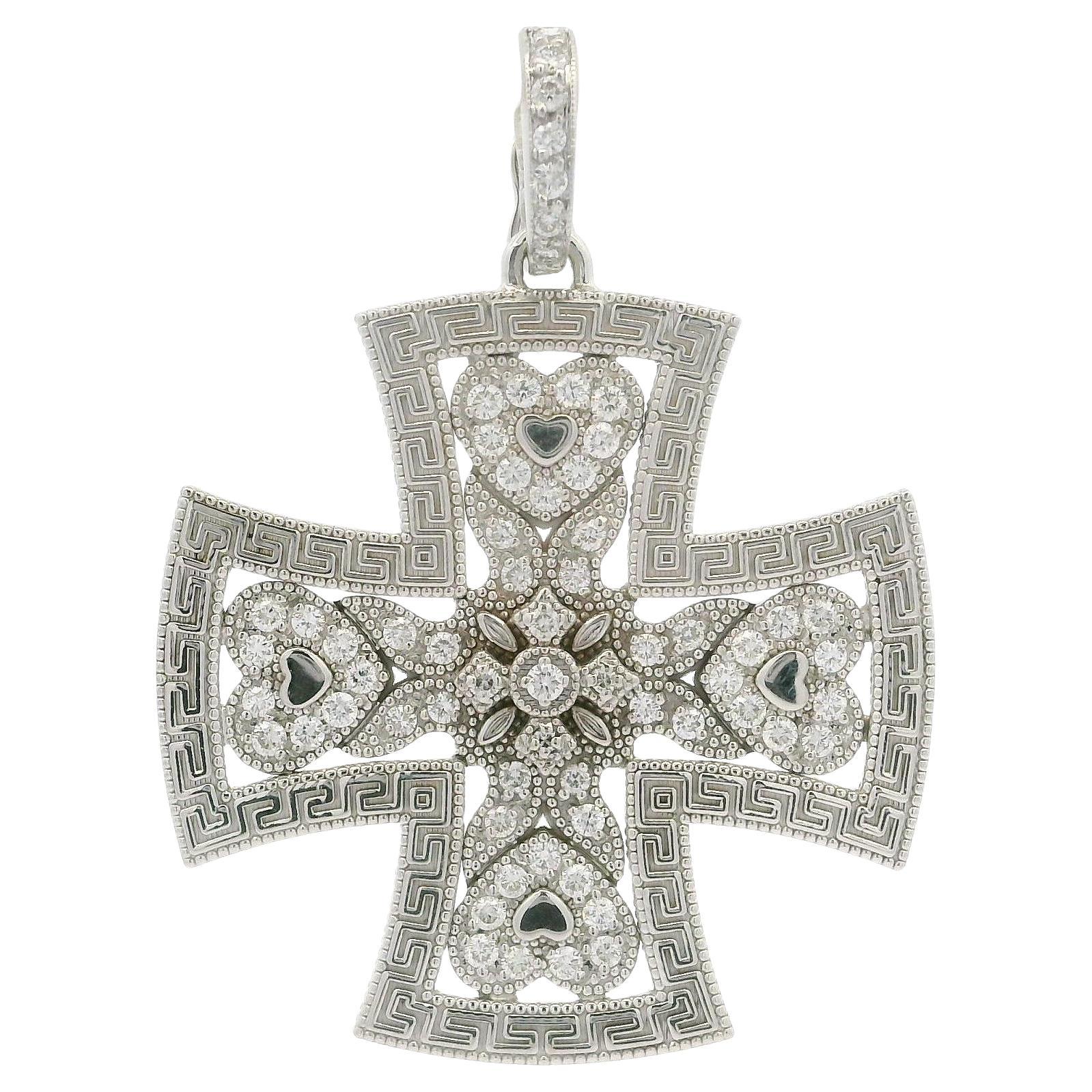 18k Gold 0.50ctw Diamond Maltese Cross Enhancer Pendant w/ Hearts & Greek Key