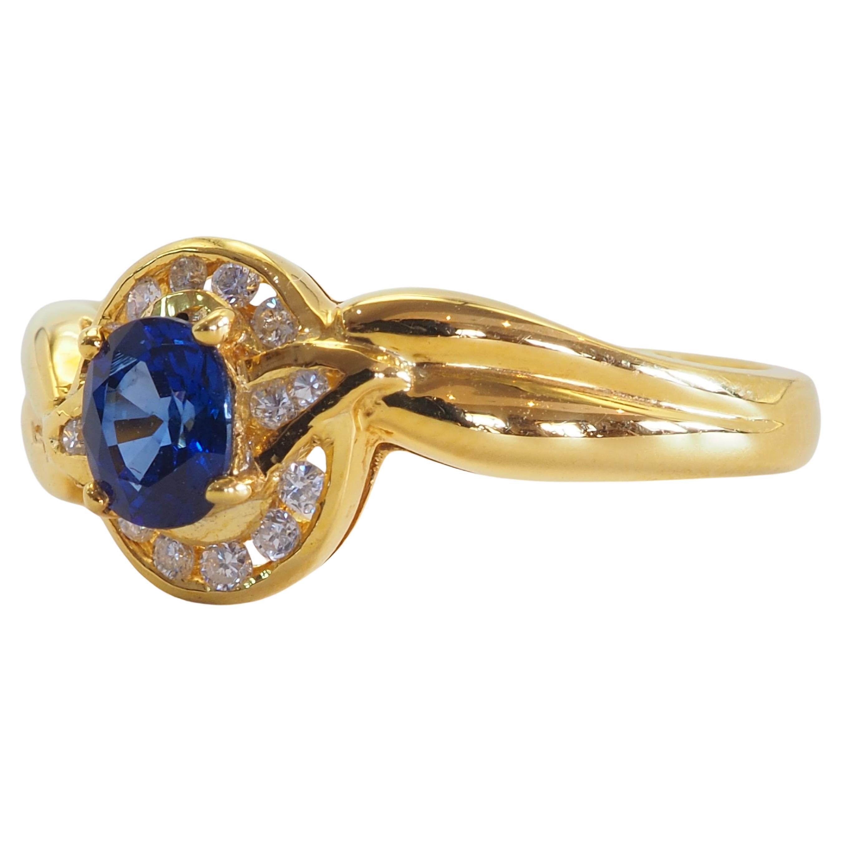 Vivid almost royal blue sapphire for keepsake and 14 round brilliant diamonds surrounding the beautiful gemstone. Intricate design of shank from bygone era.

Product Details:

Metal: 18k Solid Gold
Metal Color: Yellow Gold
Blue Sapphire: Natural,