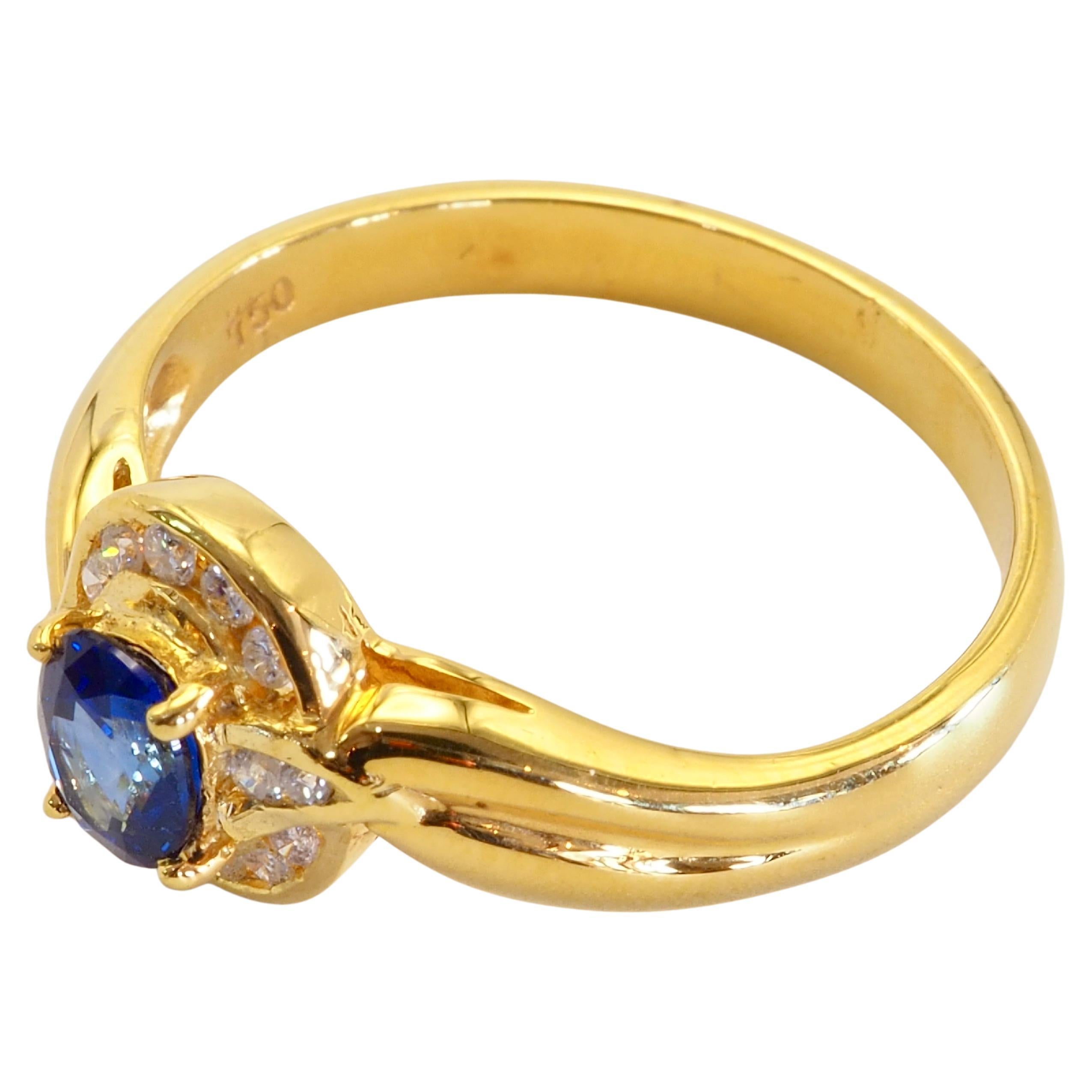 Women's 18K Gold 0.52ct Vivid Blue Sapphire & 0.10ct Diamond Fine Ring For Sale