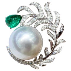 【Vine Symphony】Dewdrop Leaf Aurora South Sea Pearl & Emerald Pendant