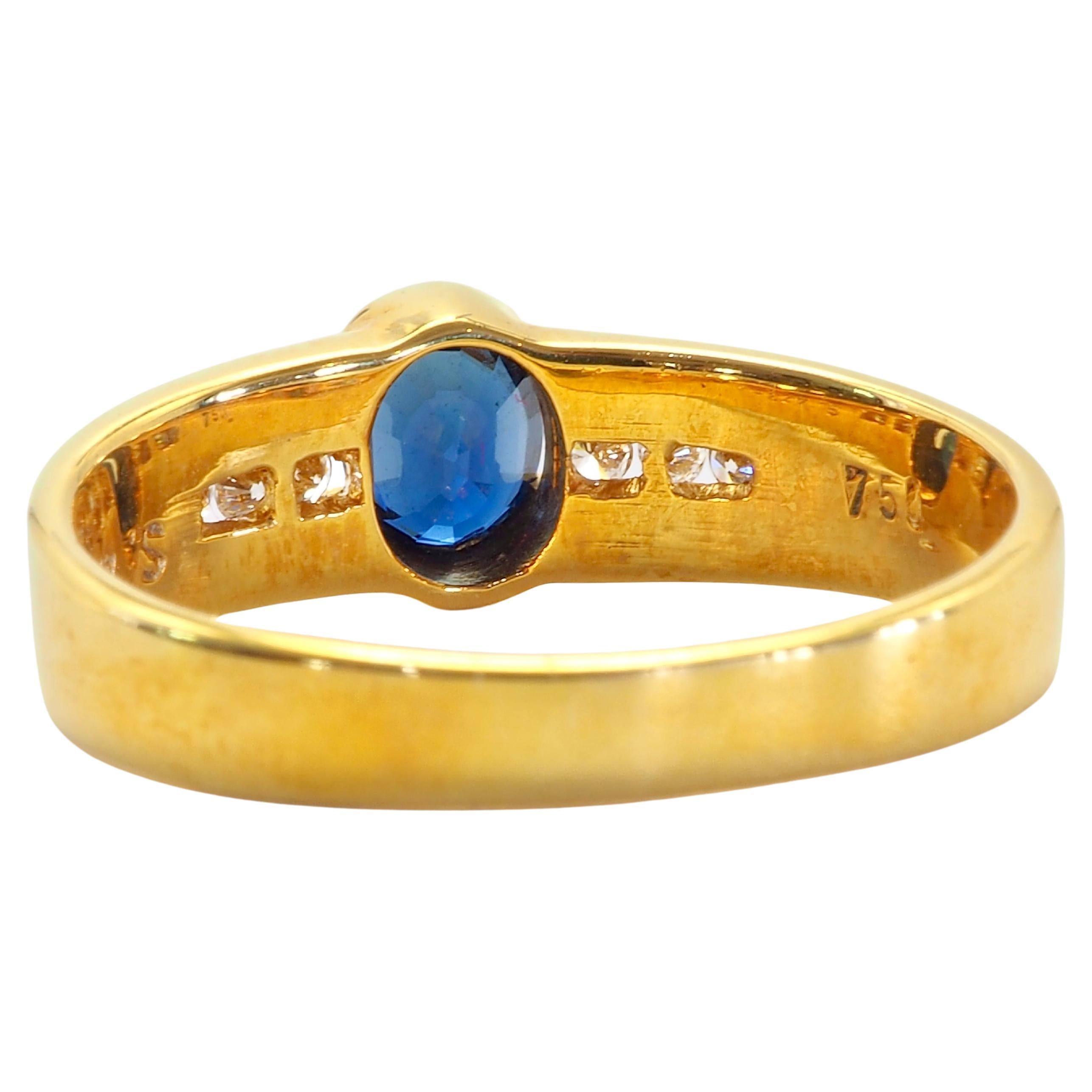 Oval Cut 18K Gold 0.60ct Bezel Blue Sapphire & 0.10ct Diamond Band Ring For Sale