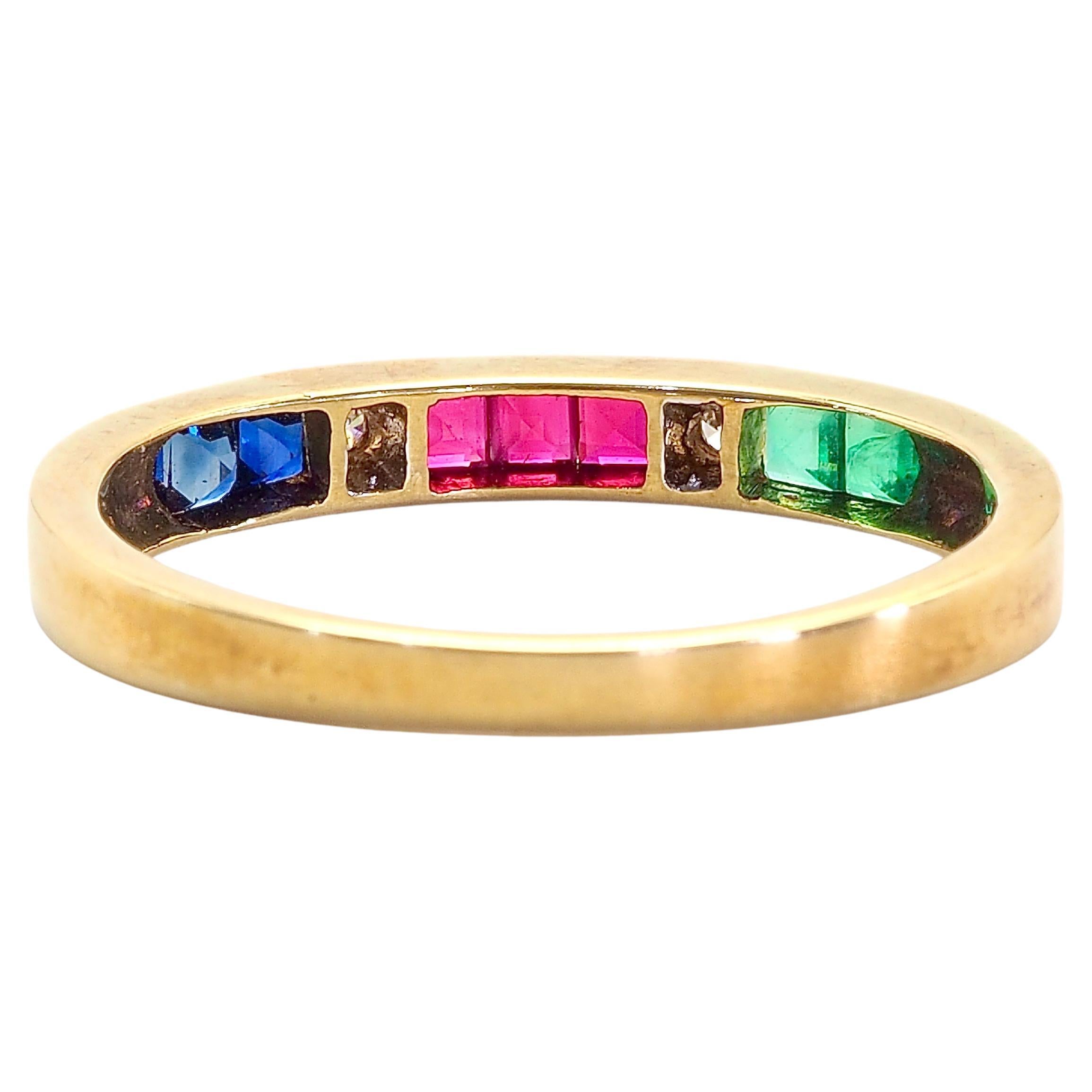 Square Cut 18K Gold 0.60ct Squared Muti- Stones & 0.02ct Diamond Fine Vintage Band Ring For Sale