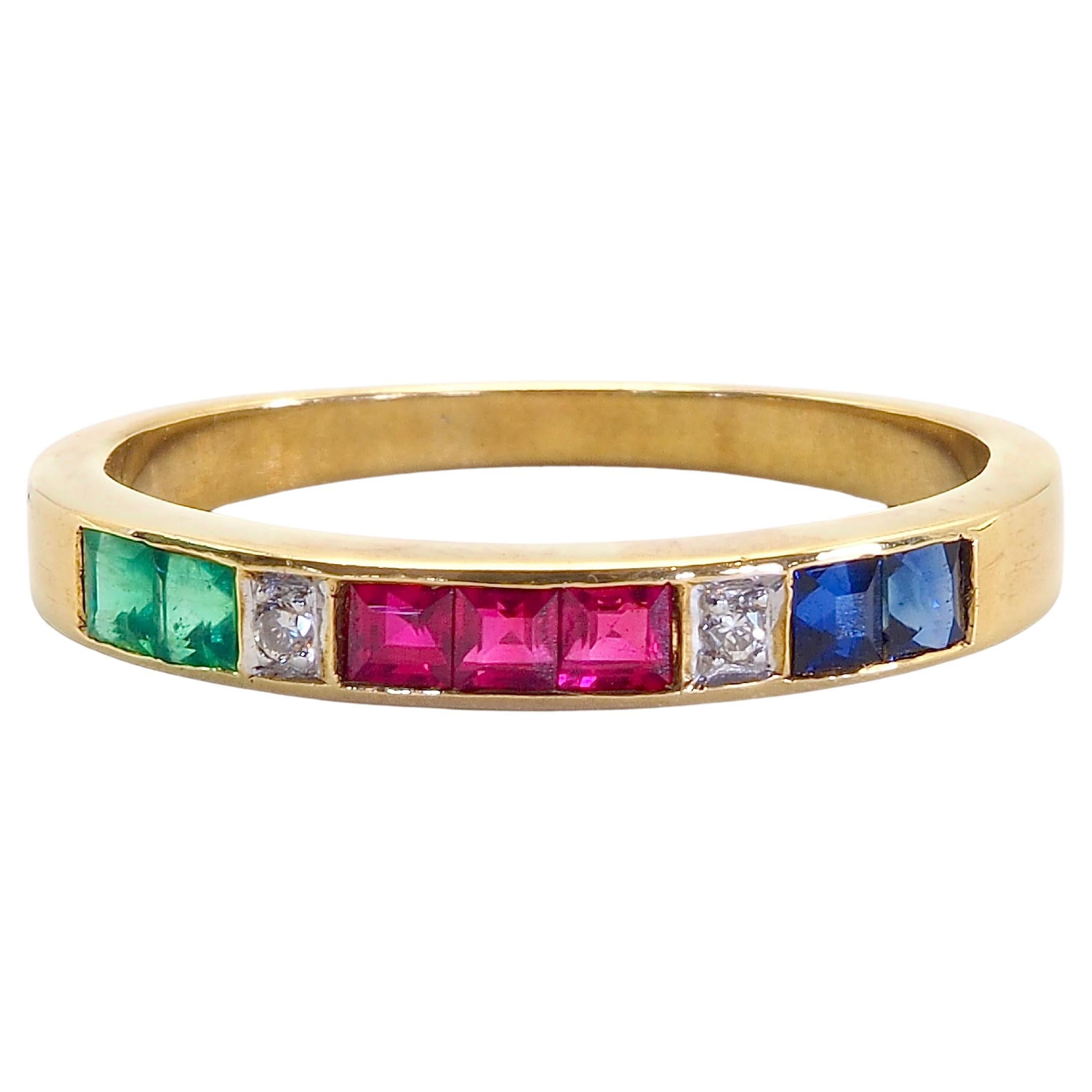 18K Gold 0,60ct quadratische Muti-Steine & 0,02ct Diamant Fein Vintage Band Ring