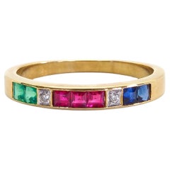 18K Gold 0,60ct quadratische Muti-Steine & 0,02ct Diamant Fein Vintage Band Ring