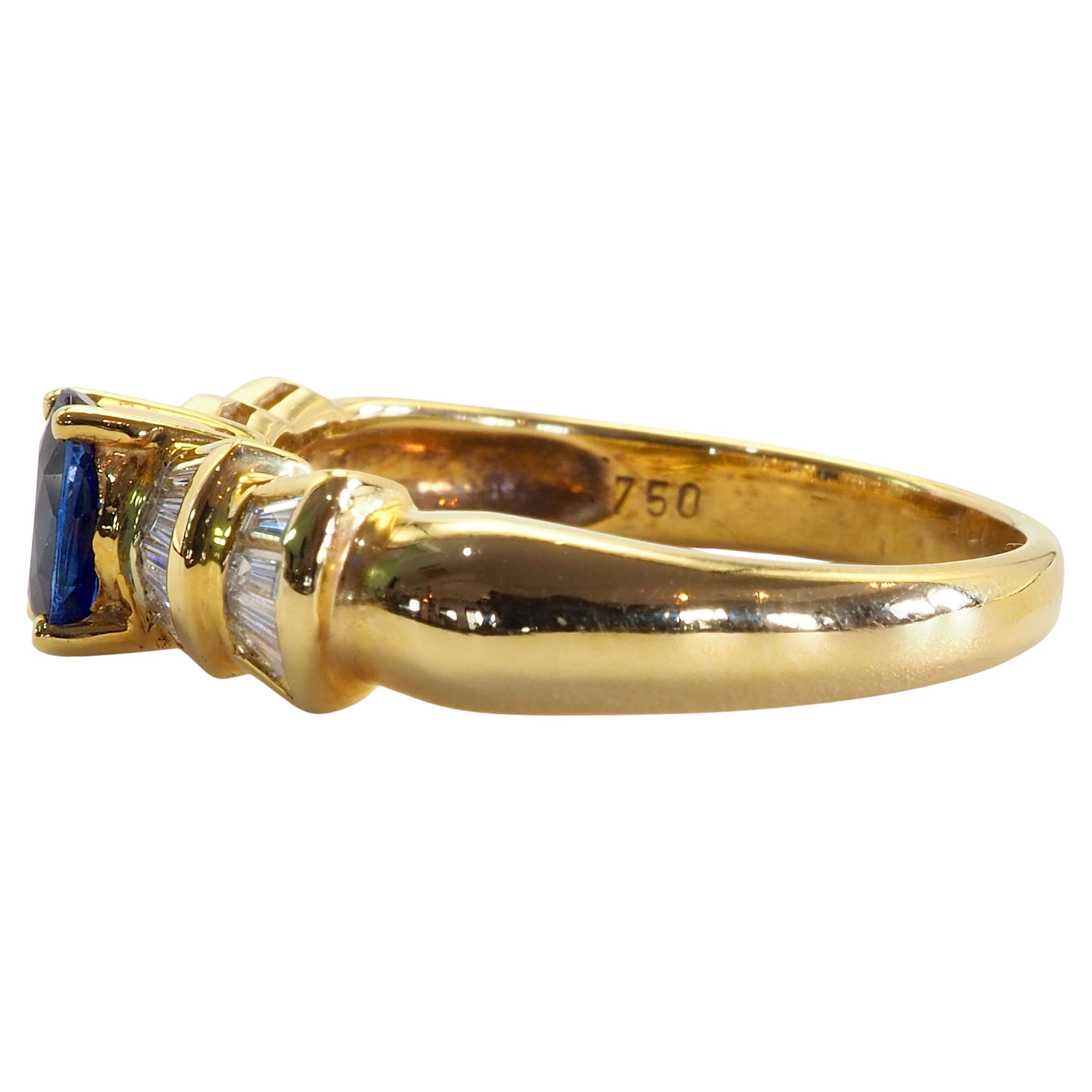 Vivid almost royal blue oval sapphire for show and 16 baguette diamonds surrounding the beautiful gemstone. Intricate band design and with intensive labor.

Product Details:

Metal: 18k Solid Gold
Metal Color: Yellow Gold
Blue Sapphire: Natural,