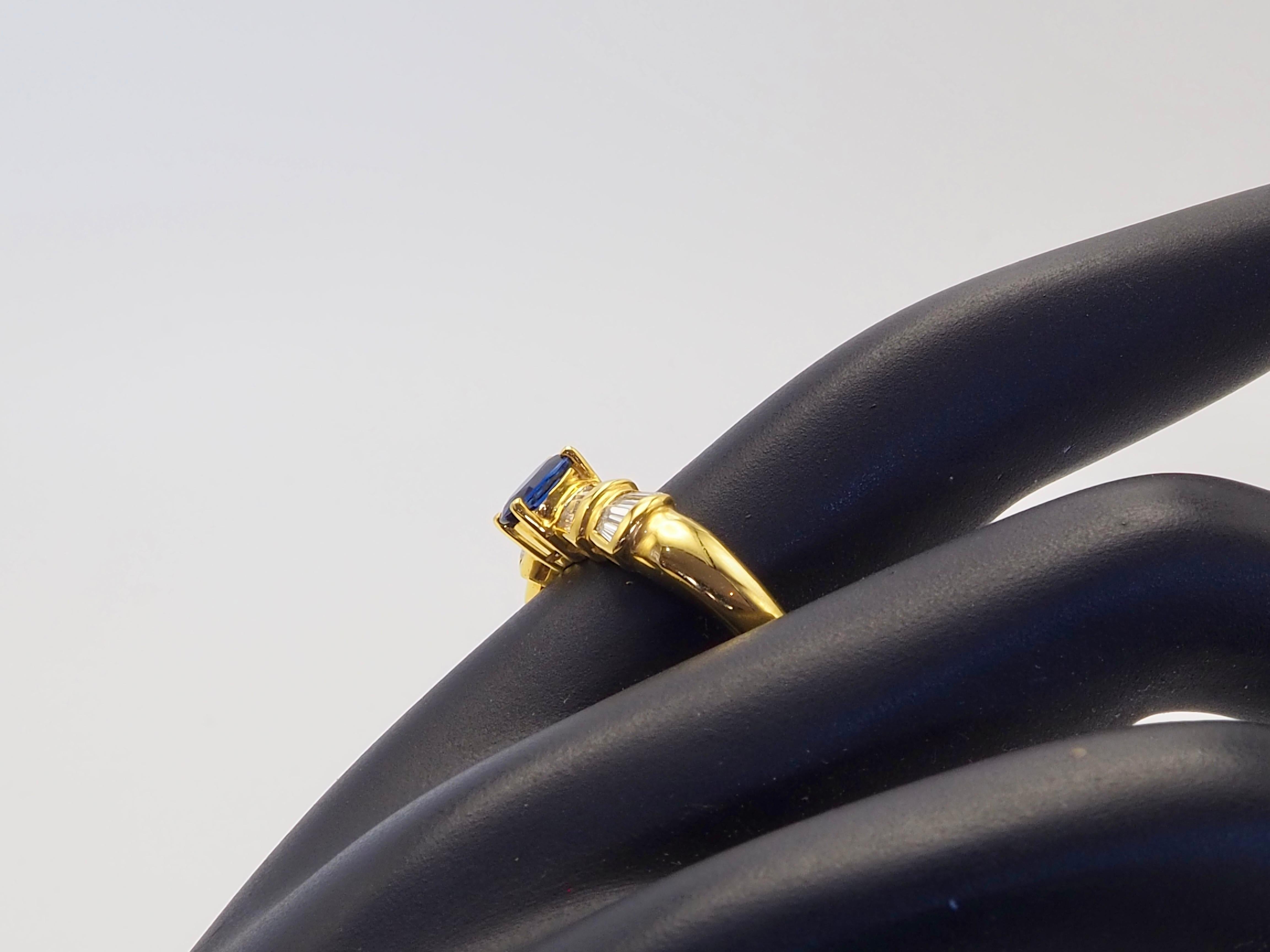 18K Gold 0.60ct Vivid Blue Sapphire & 0.30ct Baguette Diamond Fine Ring For Sale 2
