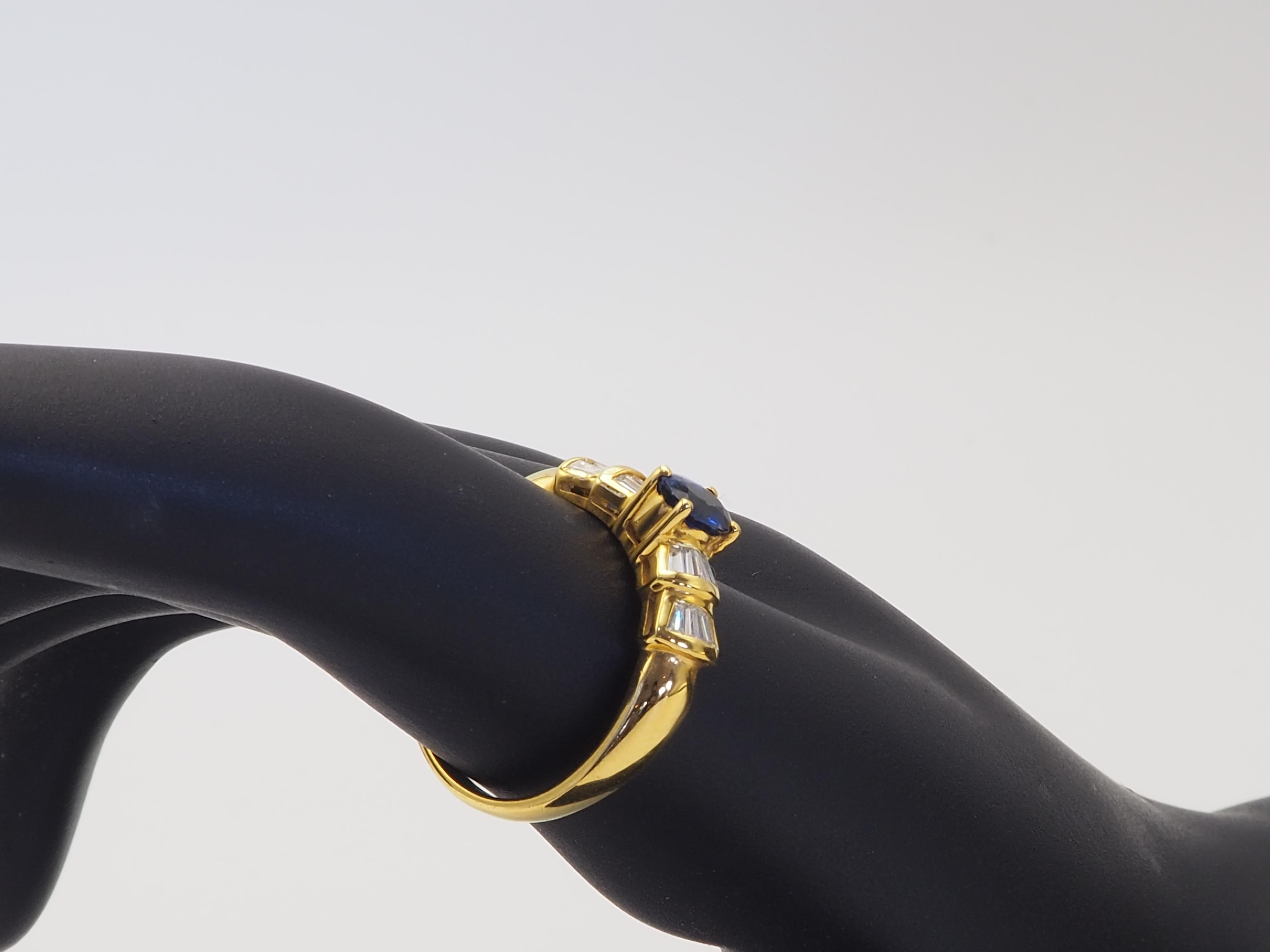 18K Gold 0.60ct Vivid Blue Sapphire & 0.30ct Baguette Diamond Fine Ring For Sale 3