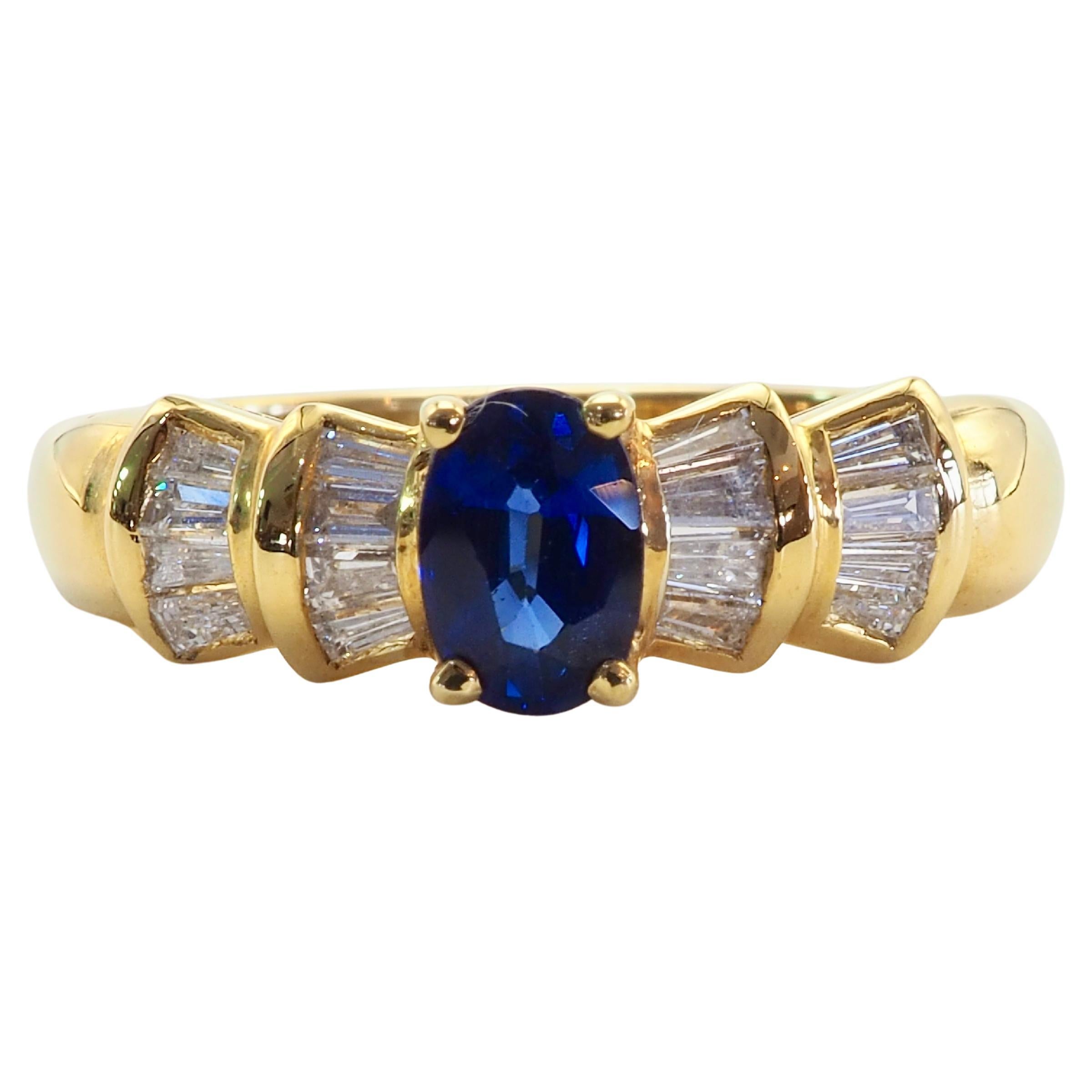 18K Gold 0.60ct Vivid Blue Sapphire & 0.30ct Baguette Diamond Fine Ring