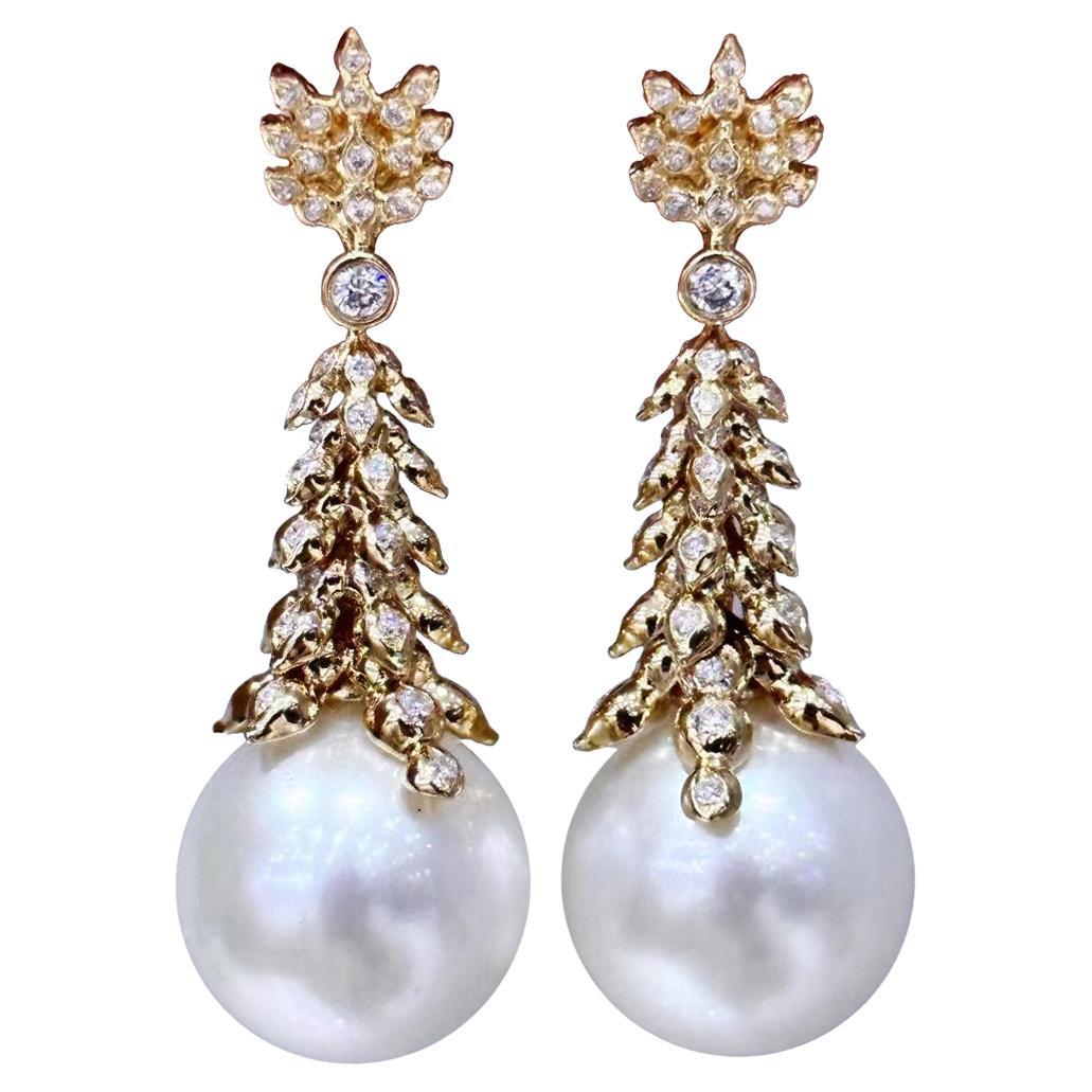 【Crown Radiance】Golden Laurel Aurora South Sea Pearl & Diamond Earrings