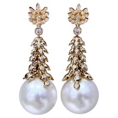【Crown Radiance】Goldene Laurel Aurora Südsee Perlen & Diamant Ohrringe