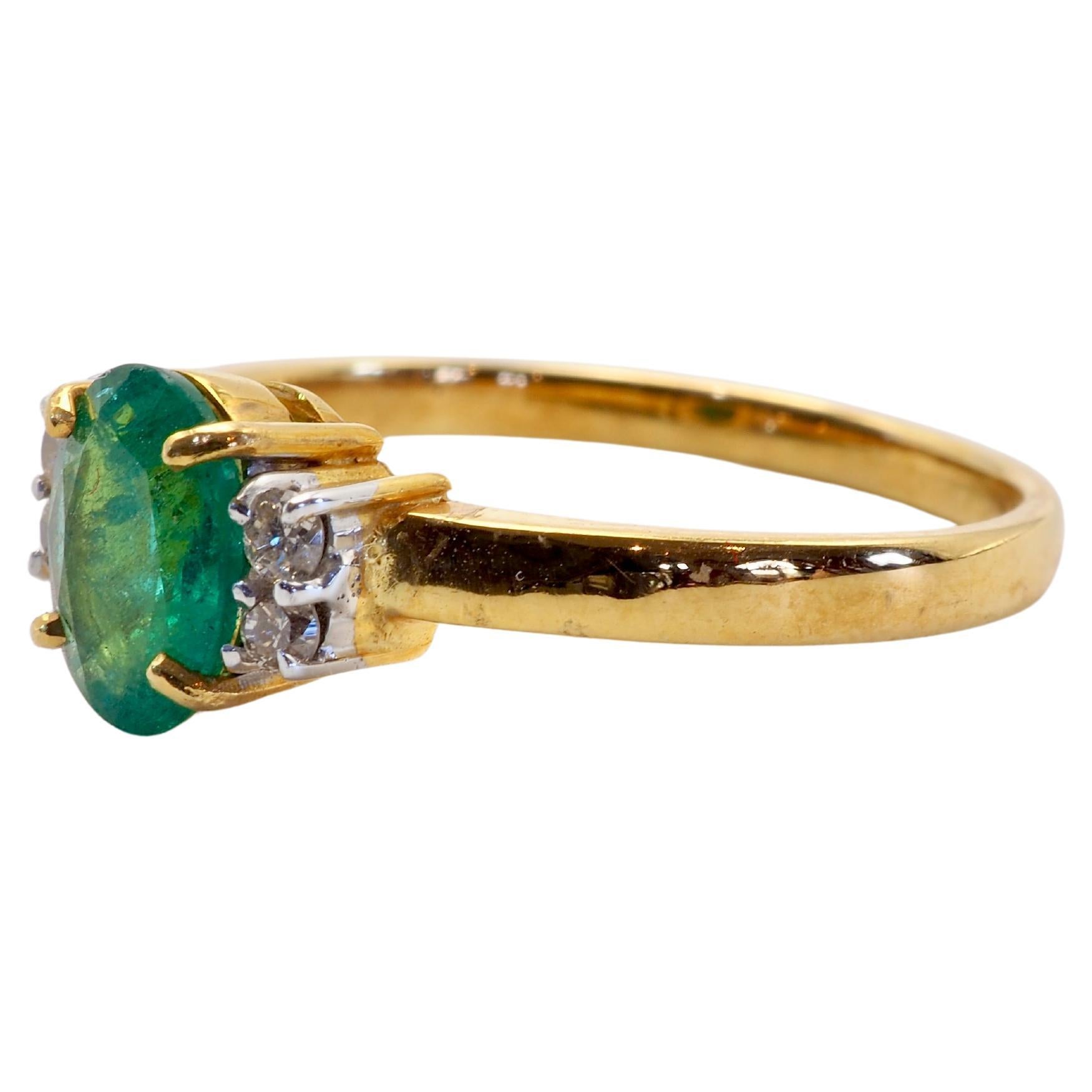 Classic and timeless design ring equipped with green oval emerald with natural inclusions and 4 brilliantly decent grade diamonds. For those who have a soft spot for pretty emeralds.

Product Details:

Metal: 18k Solid Gold
Metal Color: Yellow
