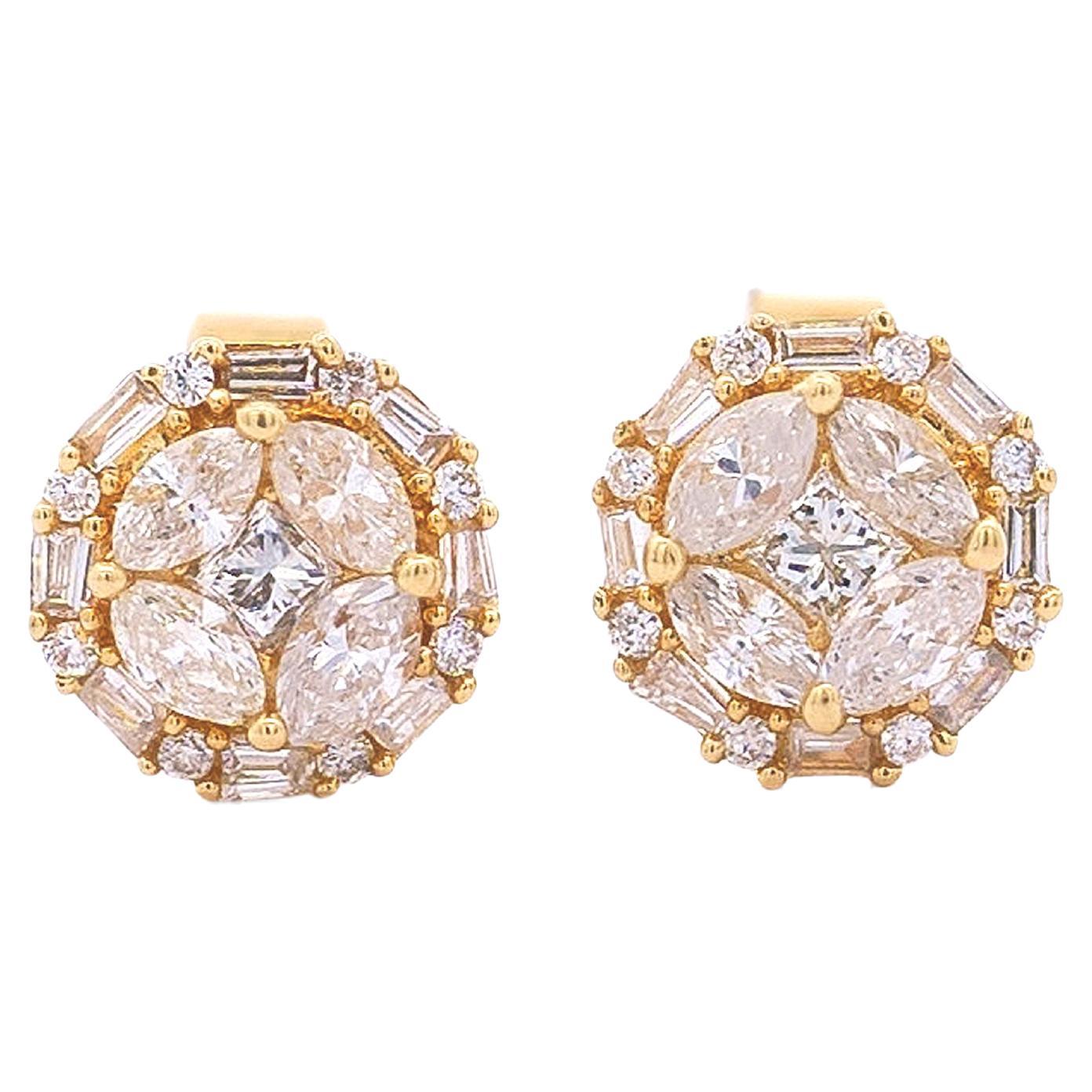 18K Gold 0.72 Carat Natural Diamond Cluster Illusion Set Round Stud Earrings