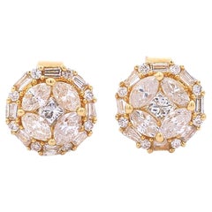 18K Gold 0.72 Carat Natural Diamond Cluster Illusion Set Round Stud Earrings