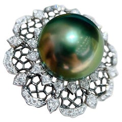 【Crown Radiance】Peacock Bloom Aurora 15-16mm Tahitian Pearl Diamond Ring