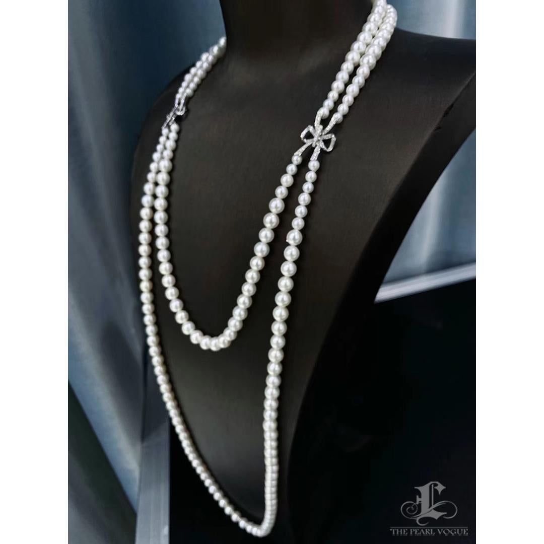Uncut 【Lustre Arc】Diamond Bow Akoya Pearl Double-Strand Statement Necklace For Sale