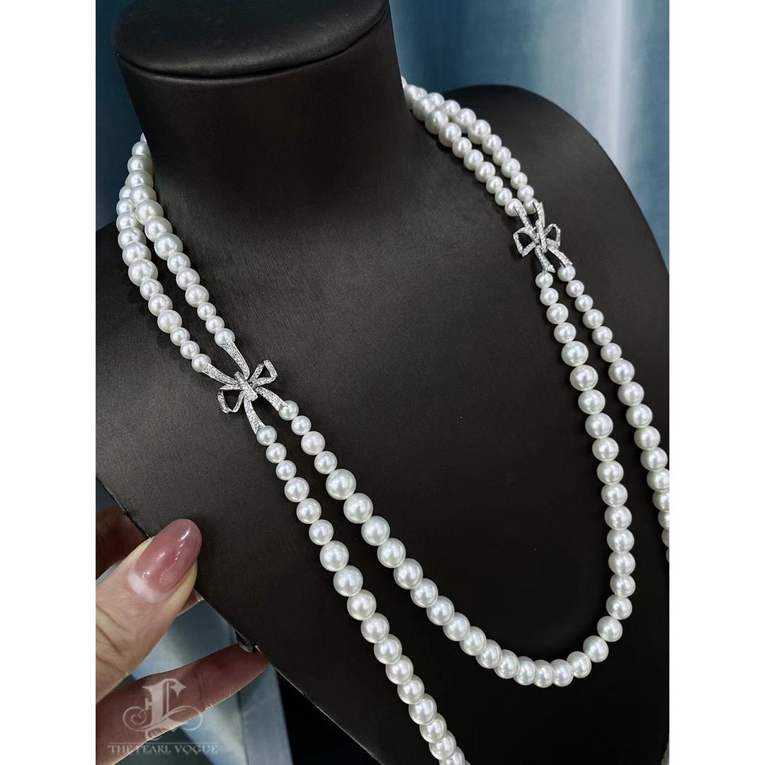 【Lustre Arc】Diamond Bow Akoya Pearl Double-Strand Statement Necklace In New Condition For Sale In New York, NY