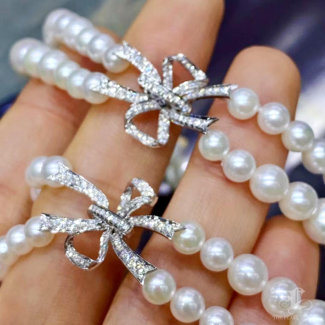 Women's 【Lustre Arc】Diamond Bow Akoya Pearl Double-Strand Statement Necklace For Sale