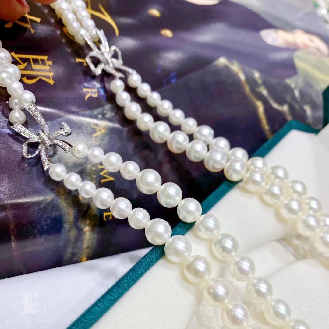 【Lustre Arc】Diamond Bow Akoya Pearl Double-Strand Statement Necklace For Sale 1