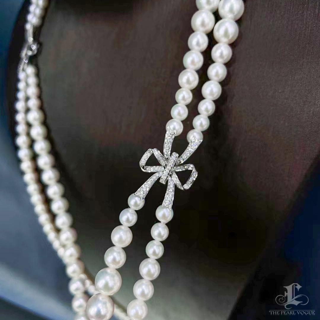 【Lustre Arc】Diamond Bow Akoya Pearl Double-Strand Statement Necklace For Sale 2