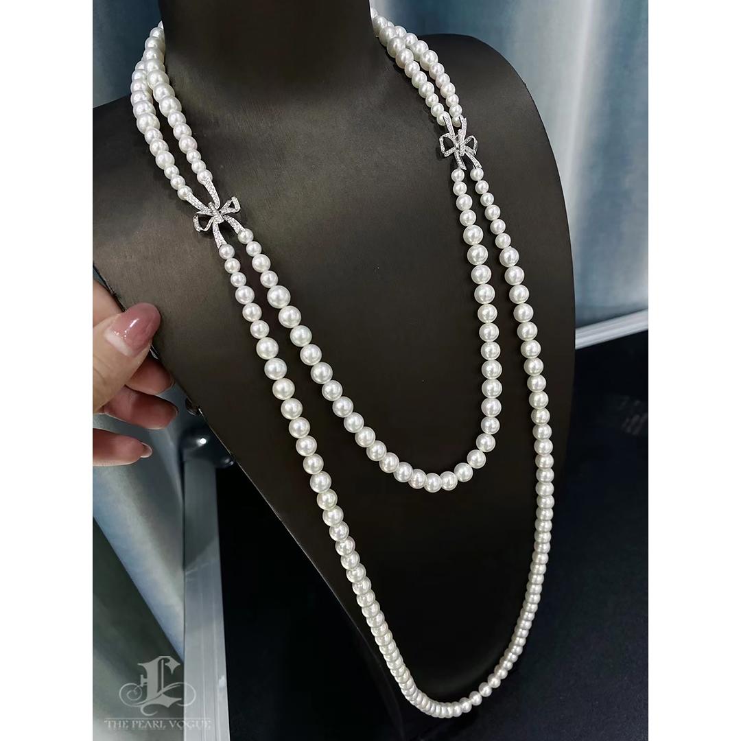 【Lustre Arc】Diamond Bow Akoya Pearl Double-Strand Statement Necklace For Sale 3