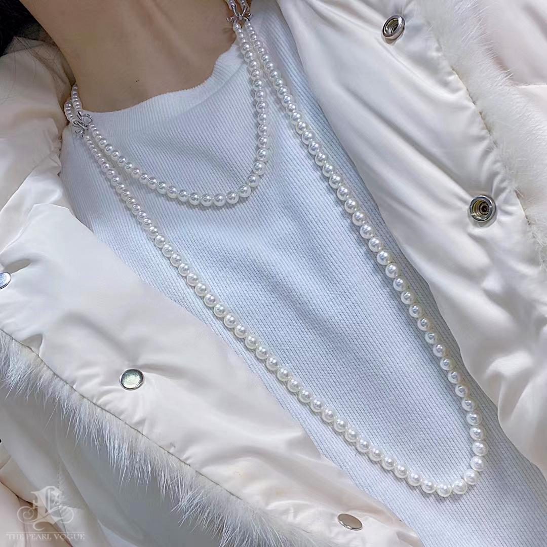 【Lustre Arc】Diamond Bow Akoya Pearl Double-Strand Statement Necklace For Sale 4