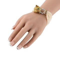 18K Gold 0.78ct Diamond, Ruby, Emerald & Pearl Lion Head Multi-Strand Bracelet