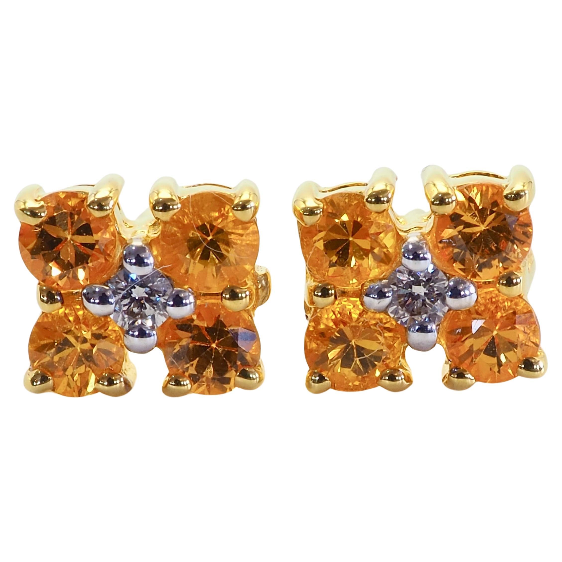 18K Gold 0.80ct Round Orangish-Yellow Sapphires & 0.04ct Diamond Stud Earrings