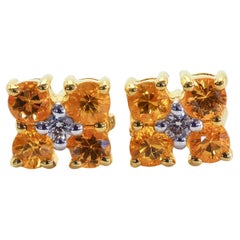 18K Gold 0.80ct Round Orangish-Yellow Sapphires & 0.04ct Diamond Stud Earrings