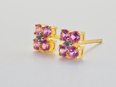18K Gold 0.80ct Round Pink Sapphires & 0.04ct Diamond Stud Earrings