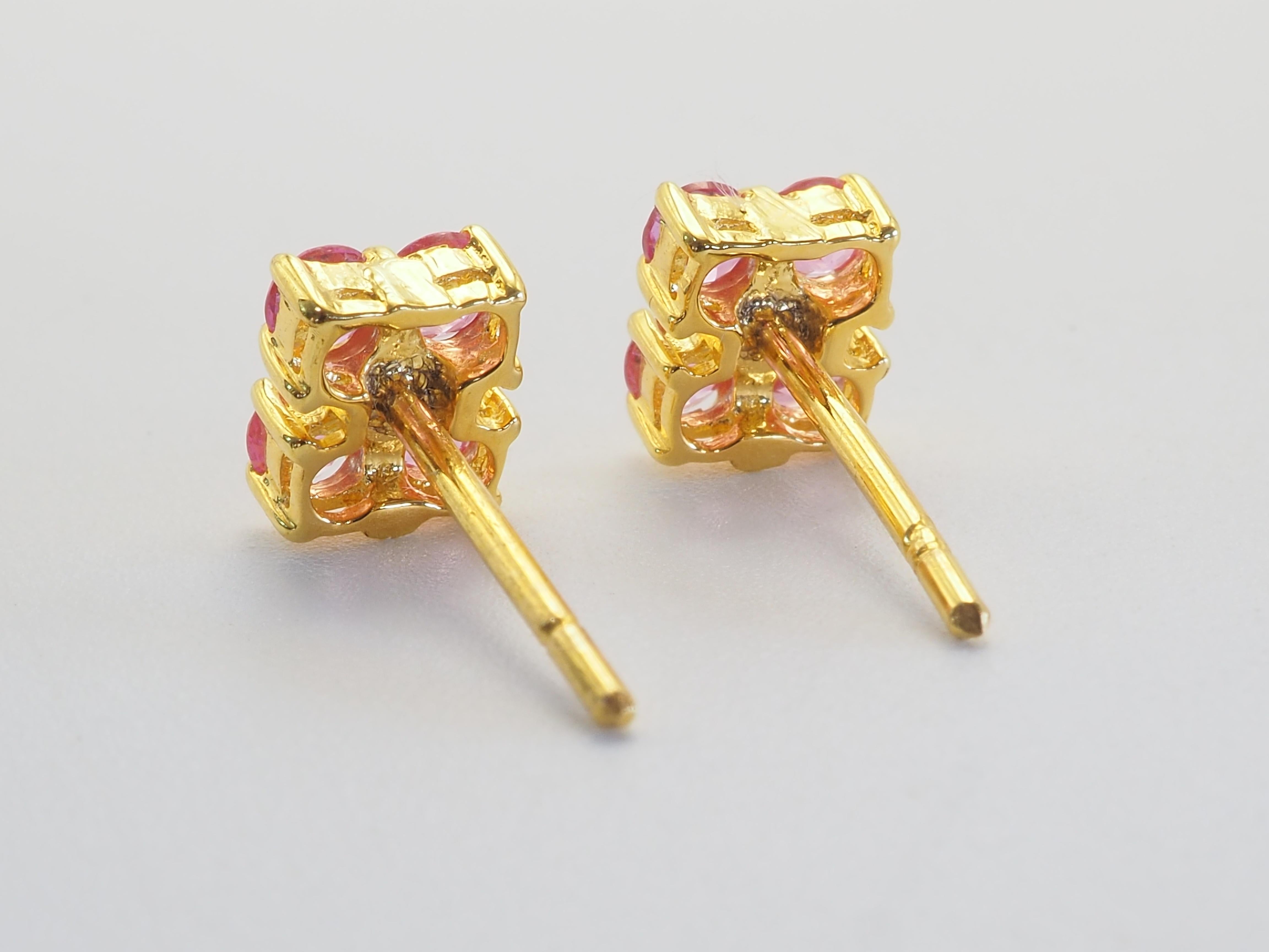 18K Gold 0.80ct Round Pink Sapphires & 0.04ct Diamond Stud Earrings Art Decó en venta