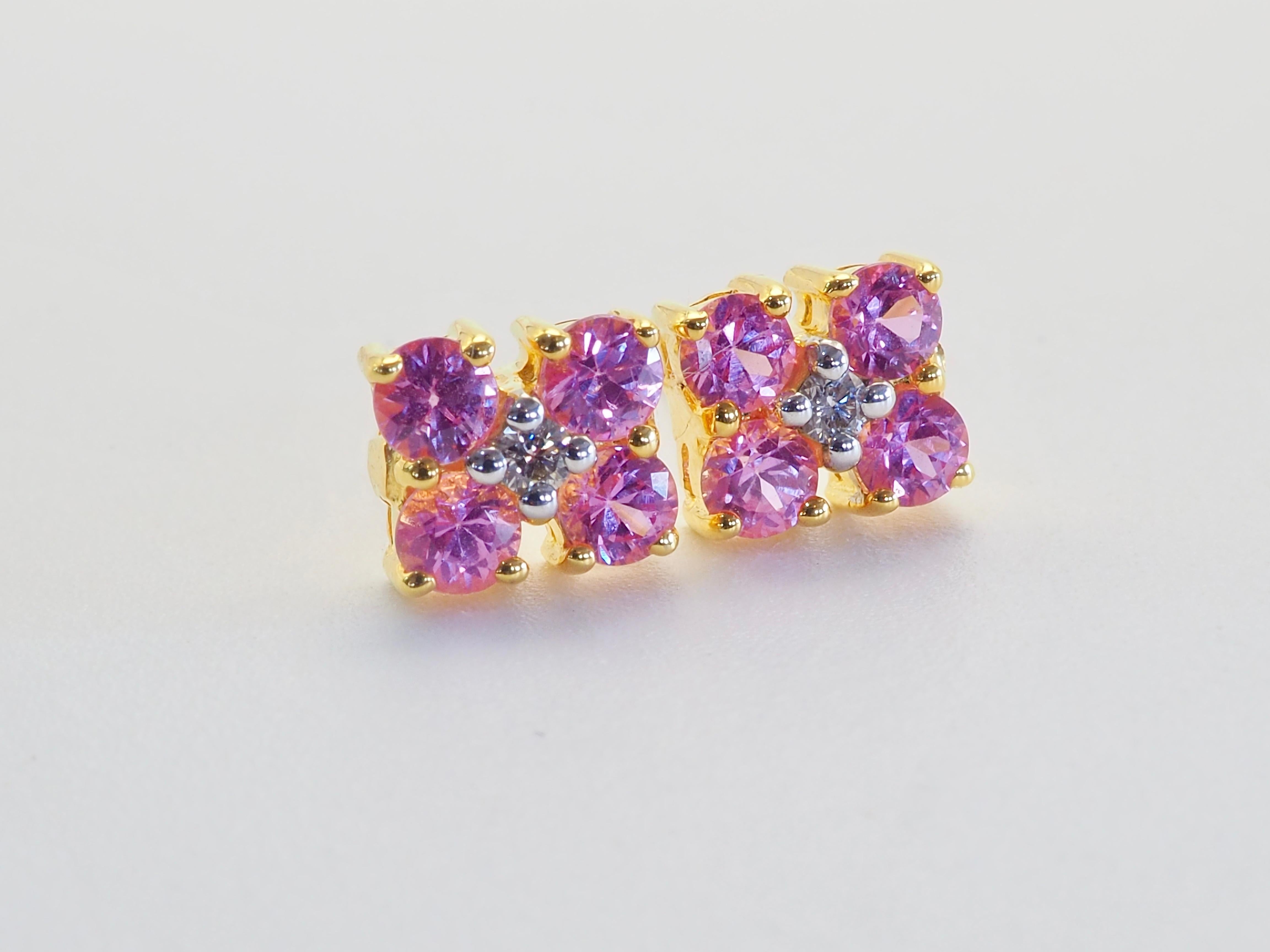 18K Gold 0.80ct Round Pink Sapphires & 0.04ct Diamond Stud Earrings Corte redondo en venta