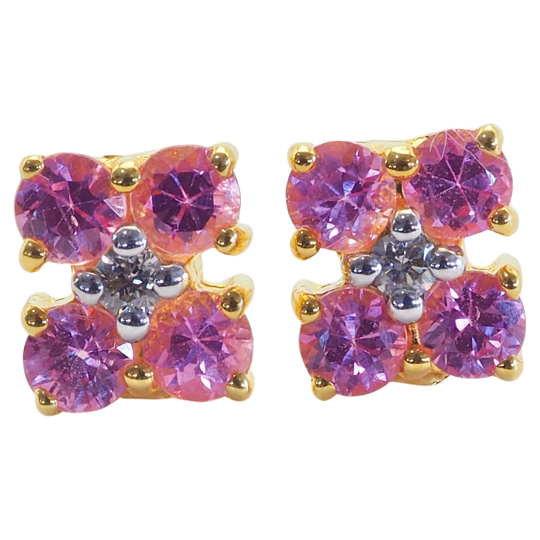 18K Gold 0.80ct Round Pink Sapphires & 0.04ct Diamond Stud Earrings