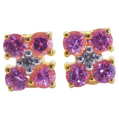 18K Gold 0.80ct Round Pink Sapphires & 0.04ct Diamond Stud Earrings