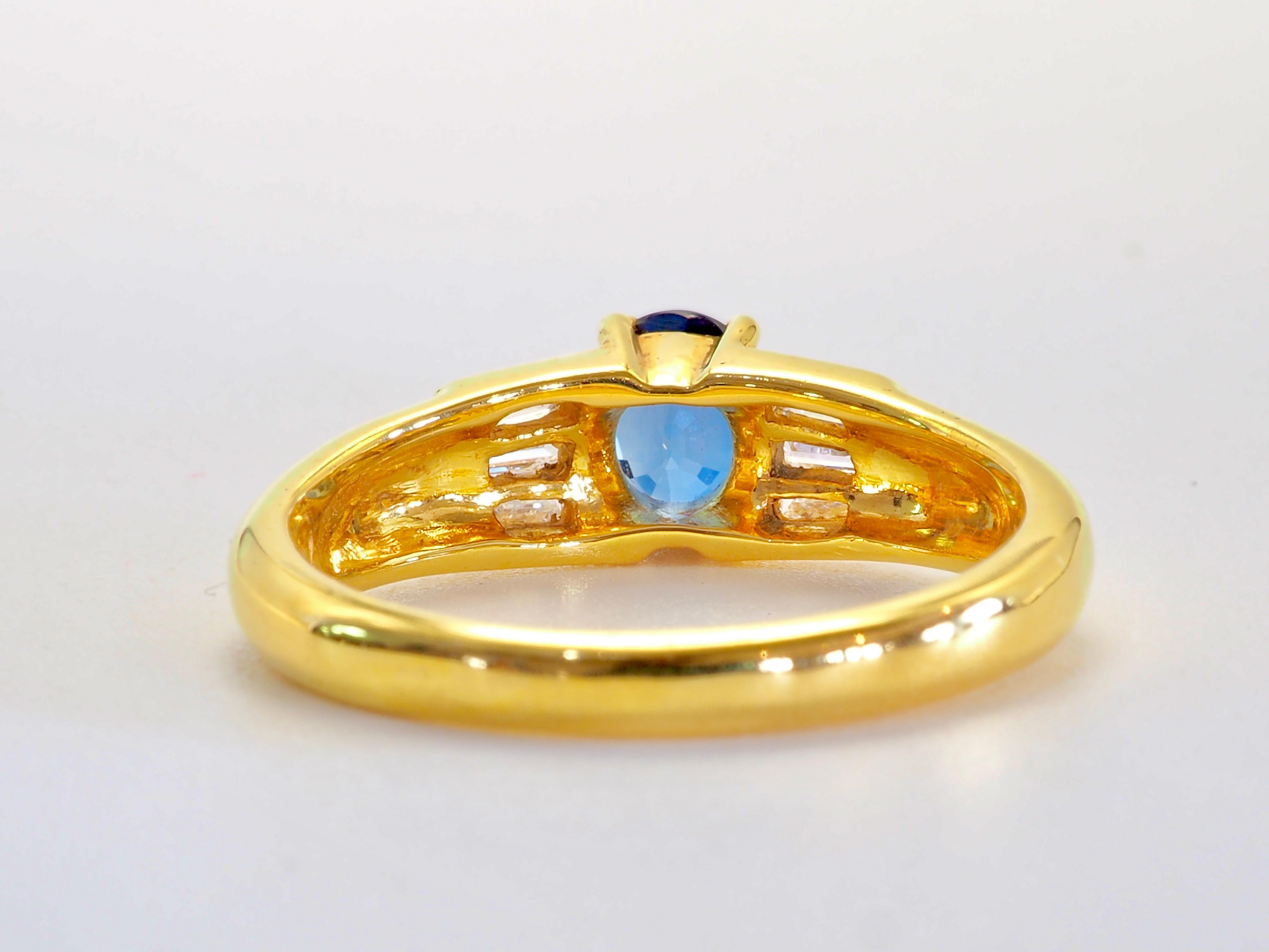 Oval Cut 18K Gold 0.80ct Thai Blue Sapphire & 0.25ct Baguette Diamond Fine Band Ring For Sale